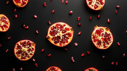 Poster - overhead view of sliced ripe pomegranates showcasing vibrant seeds on a dark background for culinary