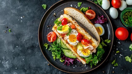 Poster - Delicious fish sandwich topped with fresh vegetables and boiled quail eggs served on a dark plate garnished with greens and cherry tomatoes