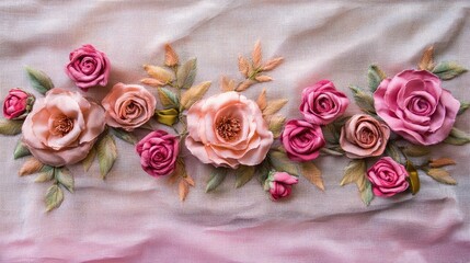 Poster - Elegant arrangement of pink fabric roses on soft cloth background showcasing intricate floral details and textures.