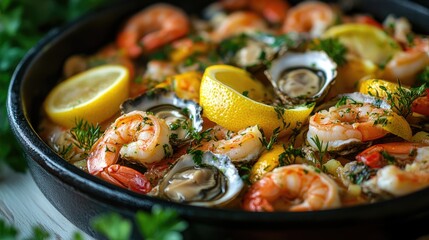 Poster - Delicious Shrimp and Oysters with Fresh Lemon Slices and Herbs in a Rustic Seafood Platter