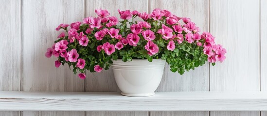 Aufkleber - Vibrant pink floral arrangement in ceramic pot on white wooden shelf perfect for home decor and still life photography