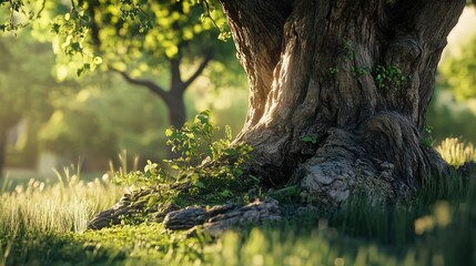 Aufkleber - Lush overgrown tree trunk in serene park setting with soft sunlight filtering through green foliage and grass