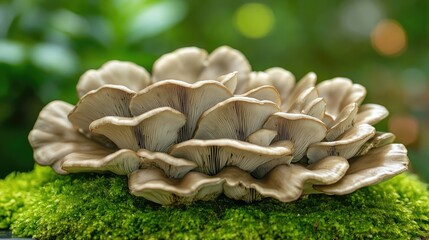 Poster - Oyster mushroom blooming on lush green moss surrounded by a soft blurred natural background ambiance