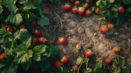 Poster - Overhead view of lush strawberry plants with ripe strawberries scattered on soil in an agricultural field during summer harvest season