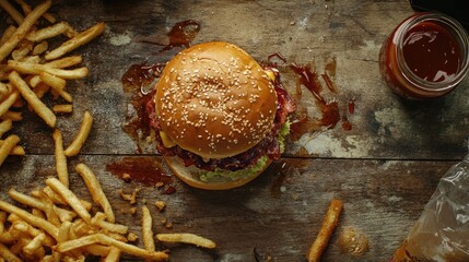Poster - Delicious burger with sesame seed bun and fries on rustic wooden table with sauce, overhead view showcasing tempting fast food indulgence