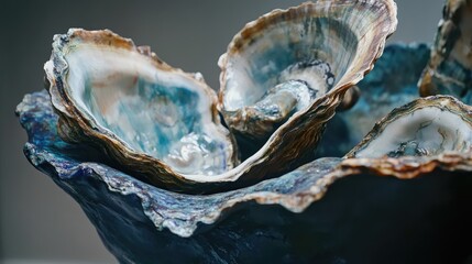 Leinwandbilder - Close-up of beautiful oyster shells arranged artistically showcasing unique textures and colors in natural lighting for aesthetic and ocean-themed designs