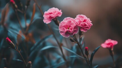 Poster - Beautiful Pink Dianthus Flowers in Bloom Captivating Winter Garden Scene with Lush Greenery and Vibrant Blossoms