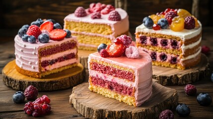 Aufkleber - Colorful layered fruit cakes with fresh berries displayed on rustic wooden slices in a cozy setting.