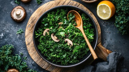 Poster - Overhead view of sautÃ©ed kale and mushrooms in a skillet with a wooden spoon and lemon on a dark stone surface