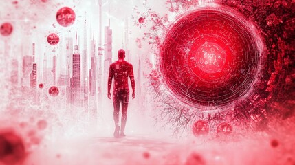 Poster - Futuristic Abstract Scene of a Human Silhouette Amidst Technology and Red Digital Elements in a Sci-Fi Landscape