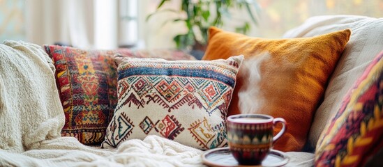 Poster - Cozy bohemian living space with vibrant folk style pillows and a steaming cup of coffee ideal for relaxation and creative inspiration