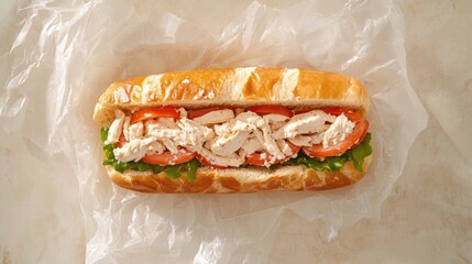 Poster - Overhead view of fresh chicken salad sandwich with tomatoes and lettuce in a crispy baguette served on wax paper