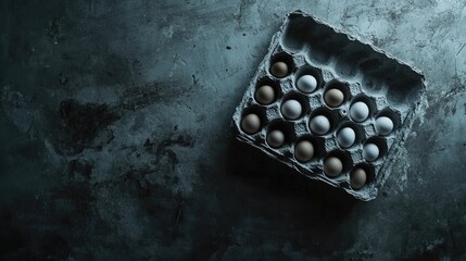 Aufkleber - Overhead view of a cardboard egg carton filled with brown and white eggs on a textured dark surface