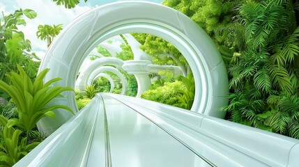 Poster - Futuristic Transportation Path Through Lush Greenery with Modern Architecture and Organic Elements