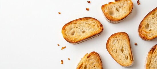 Poster - Toasted bread slices on a white background showcasing a modern breakfast concept ideal for healthy eating and culinary presentations