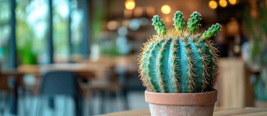 Poster - Vibrant cactus in a cozy coffee shop creating a unique blend of nature and urban ambiance with warm lighting and inviting decor