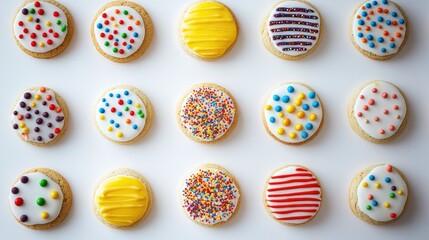 Aufkleber - Colorful decorated cookies arranged in a neat overhead layout showcasing various patterns and vibrant icing designs.