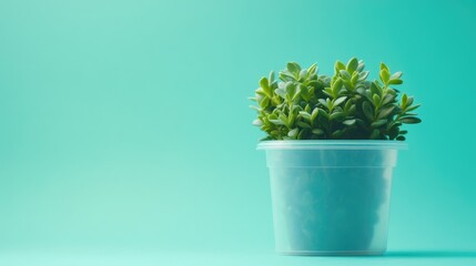 Poster - Pachyphytum compactum succulent in clear plastic pot against a soft turquoise background for home decor or gardening concepts