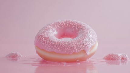 Poster - Delicious pink frosted donut with sprinkles on a soft pastel background for a sweet treat or dessert concept.