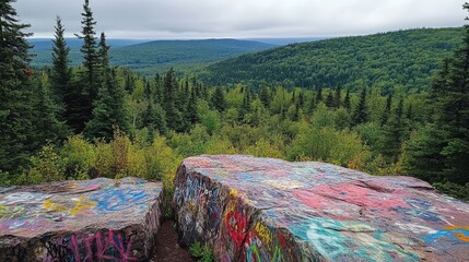 Poster - Scenic Overlook of Forested Mountains with Colorful Graffiti on Rocks in Nature Background