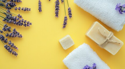 Poster - Aromatic Flatlay of Lavender Soap and Towels on Yellow Background for Herbal Skin Care and DIY Spa Treatments