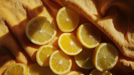 Poster - Overhead view of fresh lemon slices arranged on a vibrant yellow towel background for a refreshing and bright culinary theme