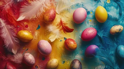 Wall Mural - Colorful overhead arrangement of Easter eggs and vibrant feathers on an artistic background for festive seasonal celebrations