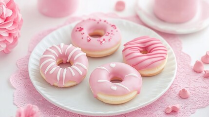 Poster - Pink iced doughnuts on a decorative plate with soft focus on a pastel background vibrant sweet treats for dessert lovers