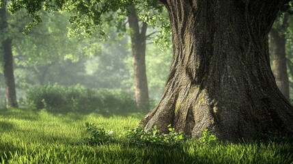 Poster - Majestic overgrown tree trunk surrounded by lush greenery in a serene park setting with soft sunlight filtering through the leaves