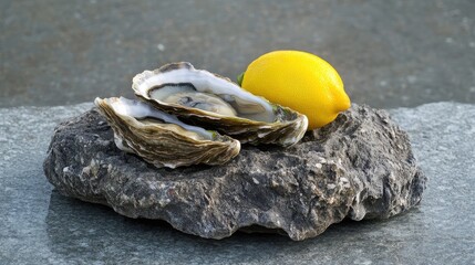 Poster - Fresh raw oysters and a vibrant yellow lemon on textured rock, highlighting gourmet seafood presentation for culinary inspiration.