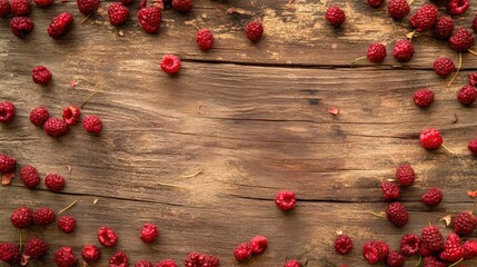 Poster - Overhead view of fresh organic raspberries scattered on rustic wooden surface ideal for culinary or health related themes