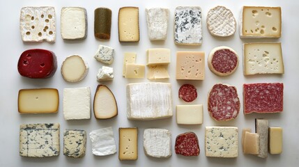 Poster - Artistic overhead arrangement of various gourmet cheeses and cured meats on a neutral background perfect for culinary or food-related projects