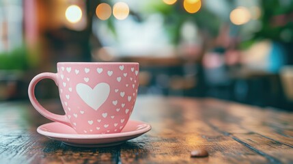 Poster - Pink cup adorned with heart motifs on a rustic wooden table in a cozy cafÃ© setting with blurred warm lights in the background.
