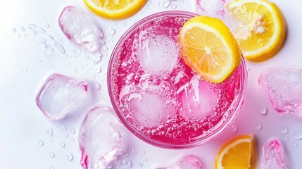Poster - Refreshing pink cocktail with ice and lemon slices on a bright white background garnished for summer vibes.