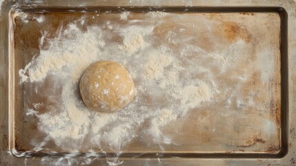 Poster - Overhead view of a raw ball of dough on a floured baking sheet ready for baking preparation in a rustic kitchen setting