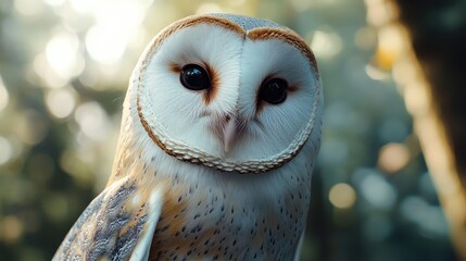 Poster - Barn Owl Portrait Against a Soft Outdoor Nature Background with Bokeh Effect and Detailed Feather Texture