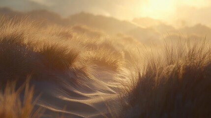 Aufkleber - Dramatic sand dunes bathed in warm sunlight showcasing marram grass under a golden atmospheric glow in a serene landscape setting