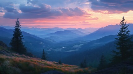 Poster - Mountain Vista at Dusk with Soft Sunset Colors and Silhouetted Trees in Scenic Landscape
