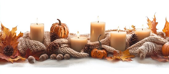 Aufkleber - Cozy autumn scene with burning candles pumpkins pine cones and leaves on a bright background perfect for fall decor and seasonal warmth