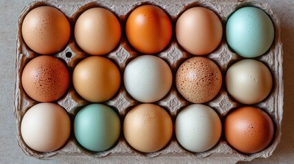Poster - Overhead view of a dozen multicolored decorative eggs arranged in a paper carton on a neutral background
