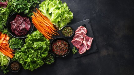 Poster - Fresh vegetables and meat arranged on a dark background showcasing vibrant colors for culinary or health-themed purposes