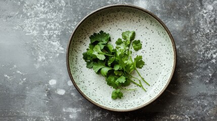 Poster - Overhead view of fresh cilantro leaves arranged attractively on a textured plate for culinary or food photography concepts