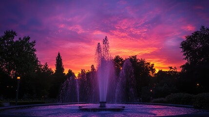 Poster - Serene sunset sky with vibrant pink hues and a prominent fountain surrounded by lush greenery in a tranquil park setting