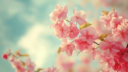 Poster - Cherry blossom branches under a blue sky creating a serene spring atmosphere with soft pink flowers as a nature floral background.