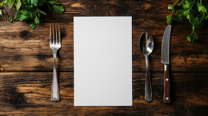 Poster - Overhead view of a blank menu board surrounded by cutlery on a rustic wooden table setting for restaurant or culinary use