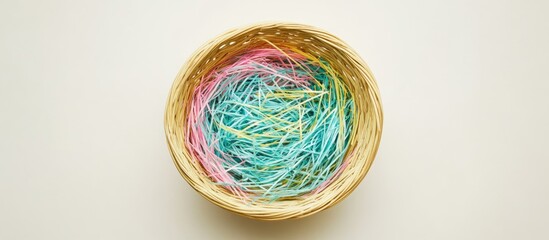 Poster - Empty Easter basket from a top-down view filled with colorful grass and decorations ideal for holiday planning and festive celebration ideas.
