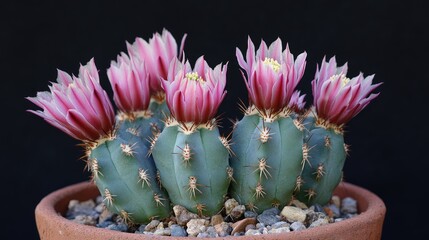 Poster - Flowering Pachycereus pringlei elephant cactus in pot showcasing vibrant pink blooms against a dark background highlighting its unique beauty.