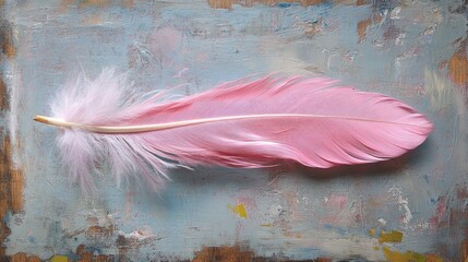 Poster - Delicate pink feather on a textured pastel background showcasing elegance and softness in natural elements