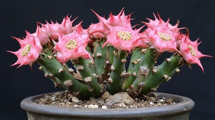 Poster - Vibrant pink crown of thorns euphorbia plant showcasing unique spiky flowers in a decorative pot against a dark background