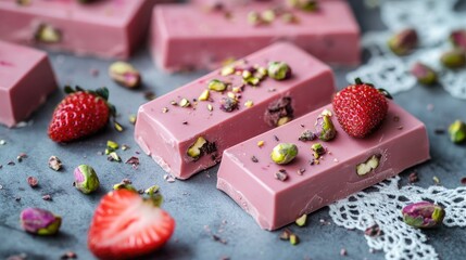 Aufkleber - Pink chocolate bars with pistachios and strawberries elegantly arranged on a gray background with lace details and scattered ingredients.
